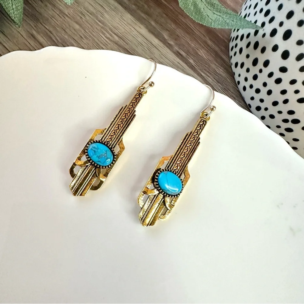 2/$30🌵 Gold Turquoise Stone Art Deco Earrings Vintage Style Gatsby Jewelry NEW